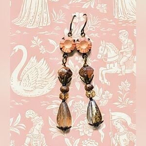 Victorian Frosty Pink Crystal & Gold-etched Rose In Glass Long Brass Earrings